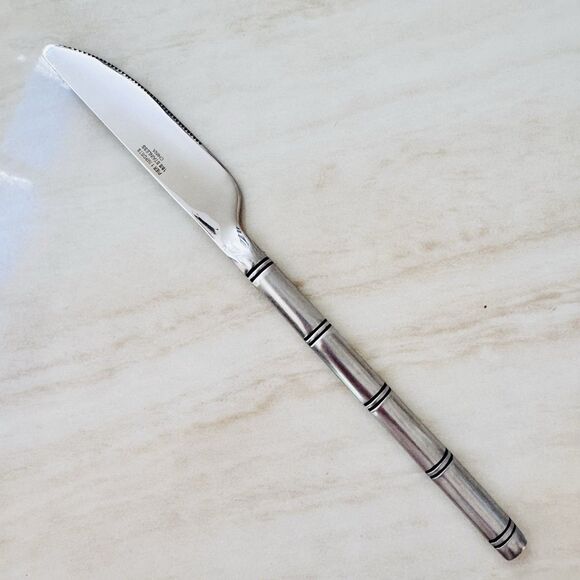 4pc Pier 1 Steak Knife 9” 18/8 Stainless Serrated Satin Ribbed/Bamboo Handle - Picture 2 of 8